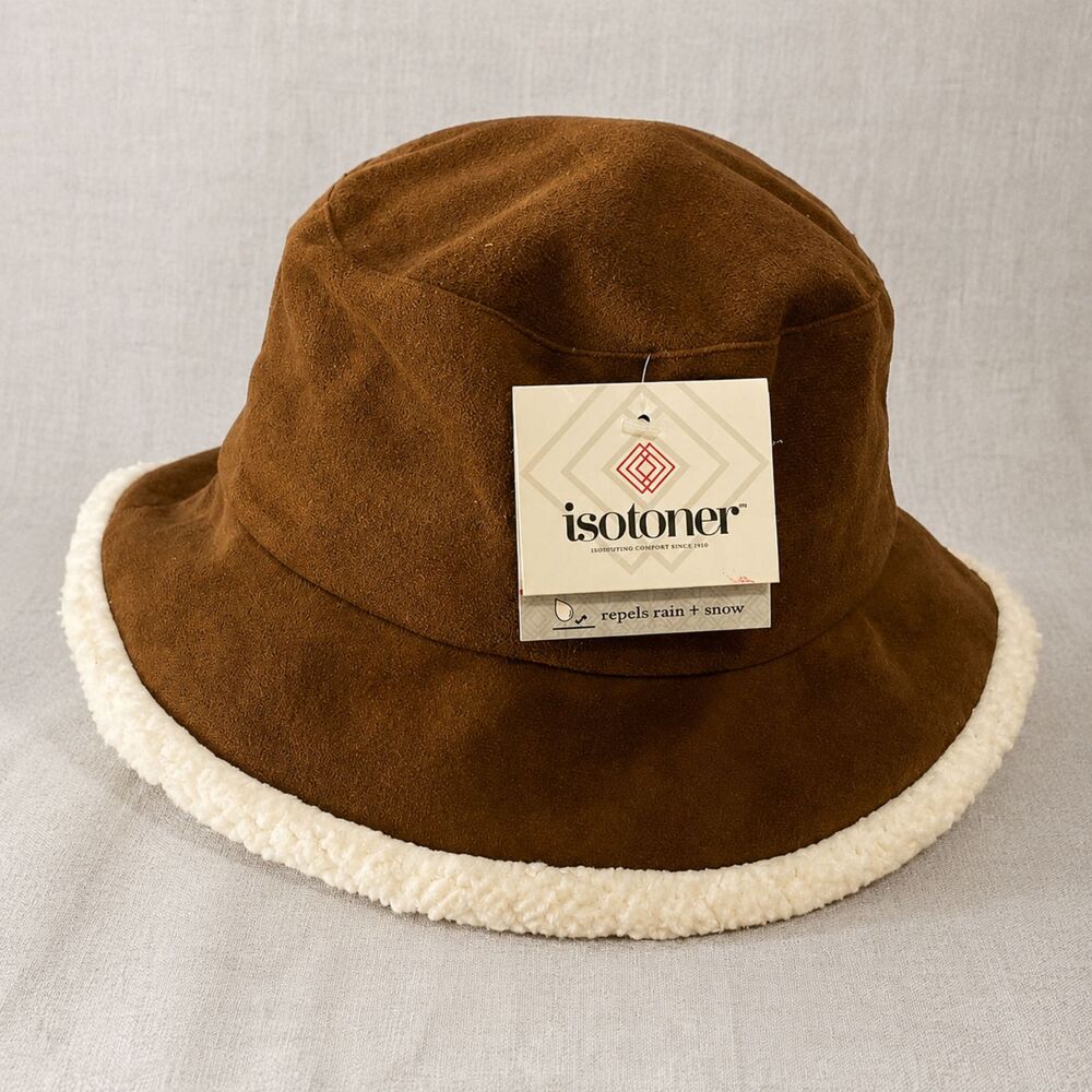 Isotoner Brown Sherpa Trim Bucket Hat NWT Cozy Winter Faux Suede NWT